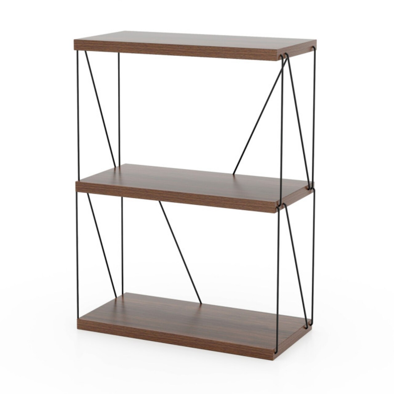 Walnut 3 Tier Storage Rack Open Shelf Metal Frame Bookcase for Small Spaces